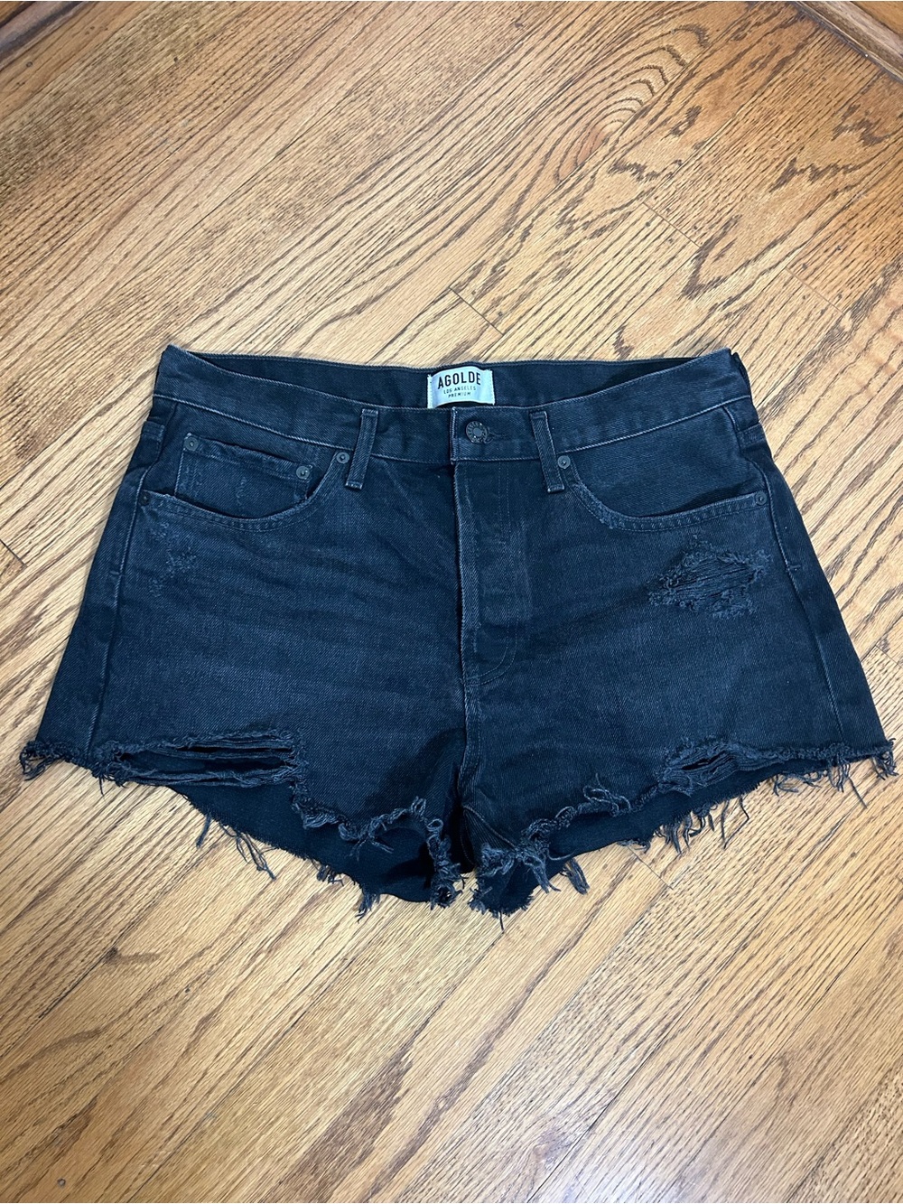 AGOLDE Parker Black Denim Distressed Cutoff Button Fly Jean Shorts Size 25